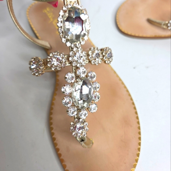 Lilly Pulitzer Katie Embellished T Strap Gold Metallic Thong Sandal Size 7 - Picture 4 of 10